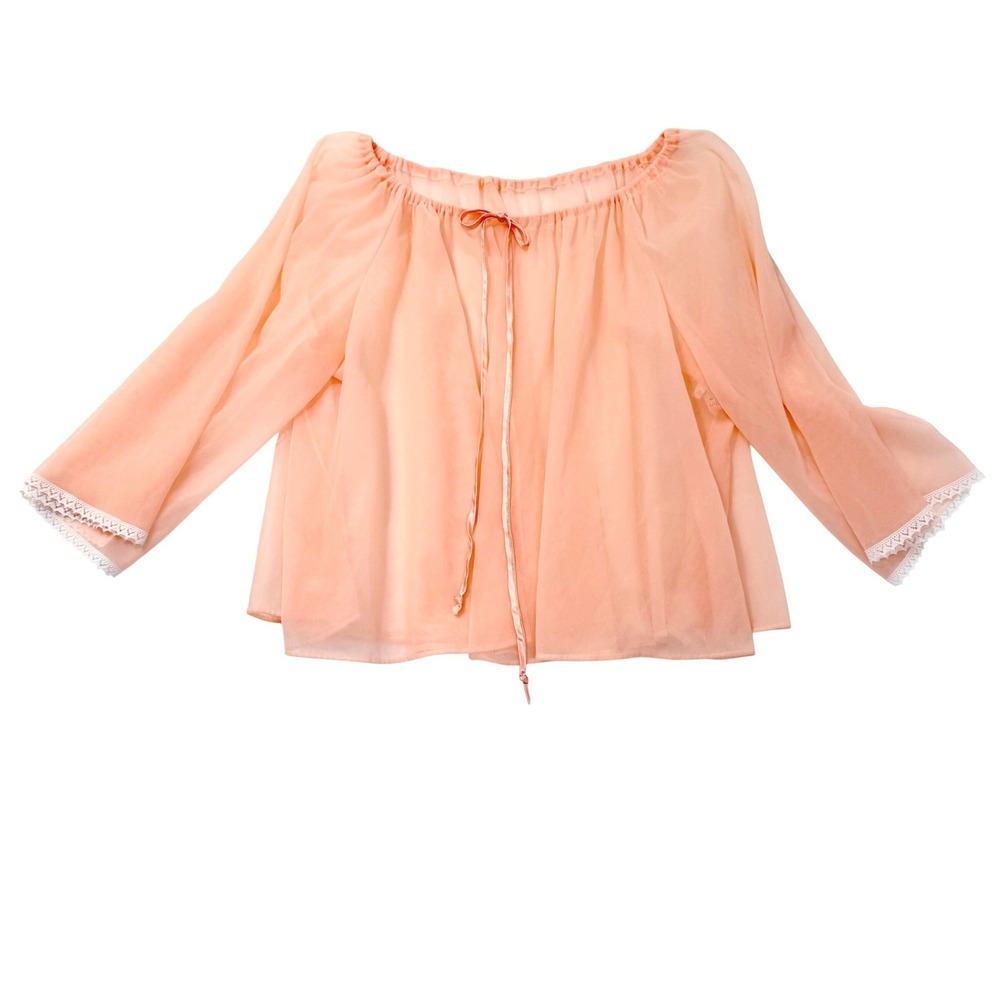 VTG 1970s Coral Pink Sheer Nylon Bed Coat Dainty Soft Girly‎ Lace lolita fairyS